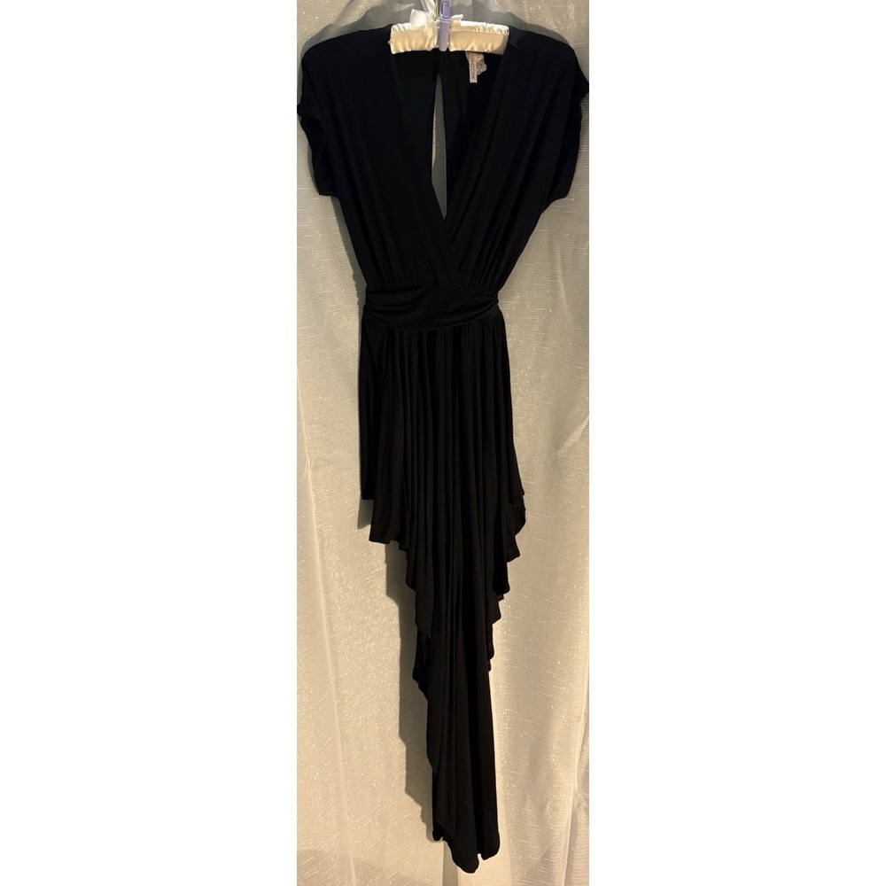 Canzone Black Plunging V-Neck Pleated Asymmetric Back Cutout Whimsigoth Dress